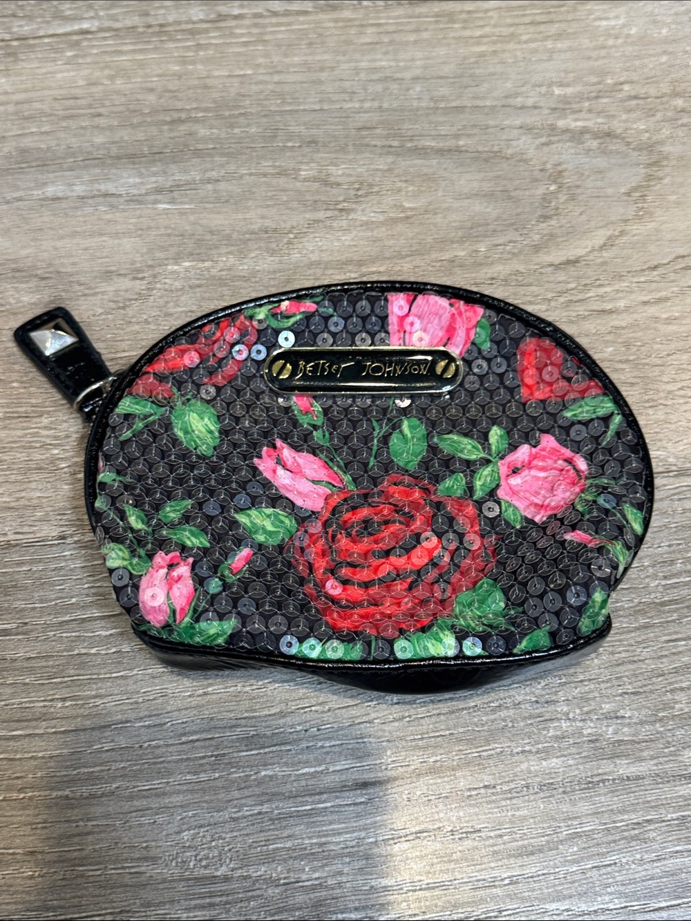 Betsey Johnson Black Sequin Floral Coin Pouch with Pink & Red Roses
